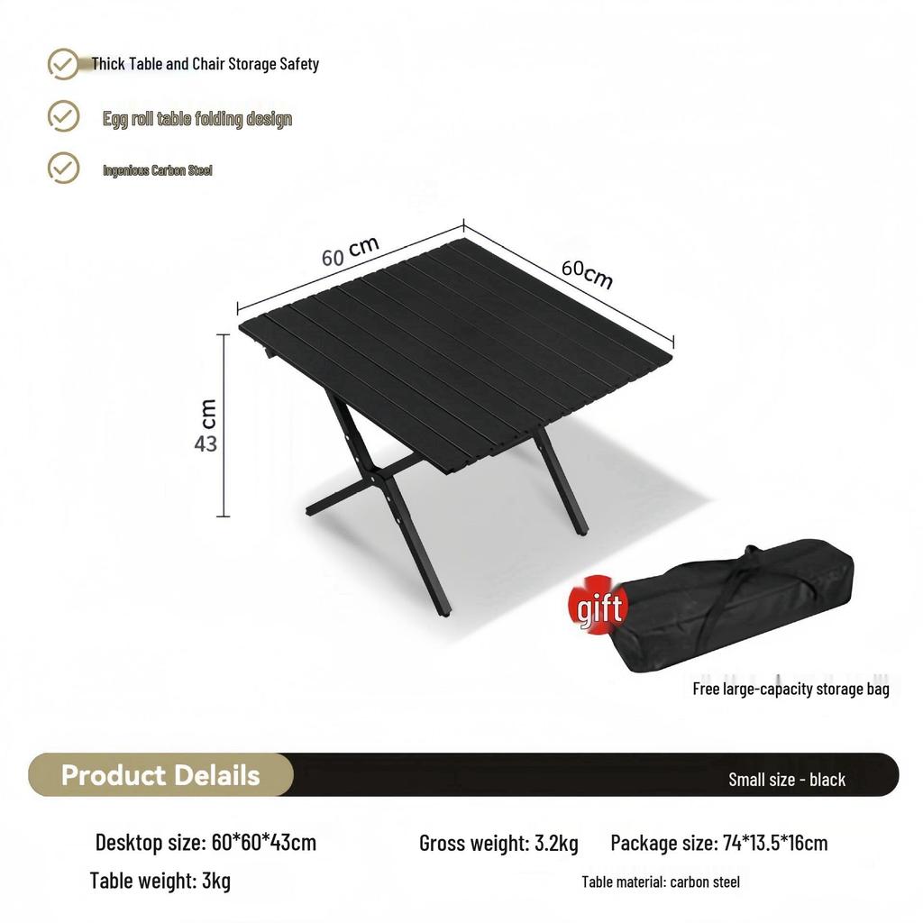 Portable Carbon Steel Roll-Up Camping Table - Foldable BBQ Picnic Dining Table with X-Shaped Legs
