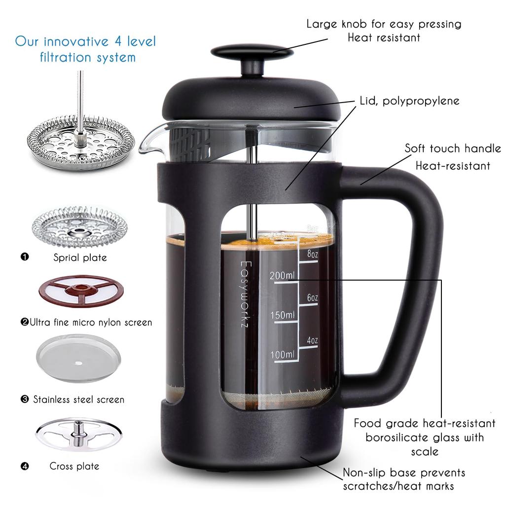 Easyworkz French Coffee Tea Soft 350ml Black Press, Heat-Resistant Glass, & Only, Grip, (3 Cups),