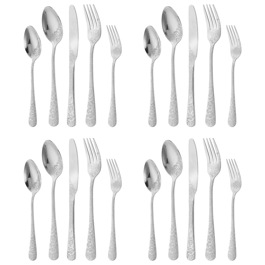 20/24ks Sada vintage vyřezávaného nádobí Nerezová ocel Nůž Vidlička Lžíce Sada Kuchyňské příbory pro Domácnost Restauraci Kuchyňský nástroj
