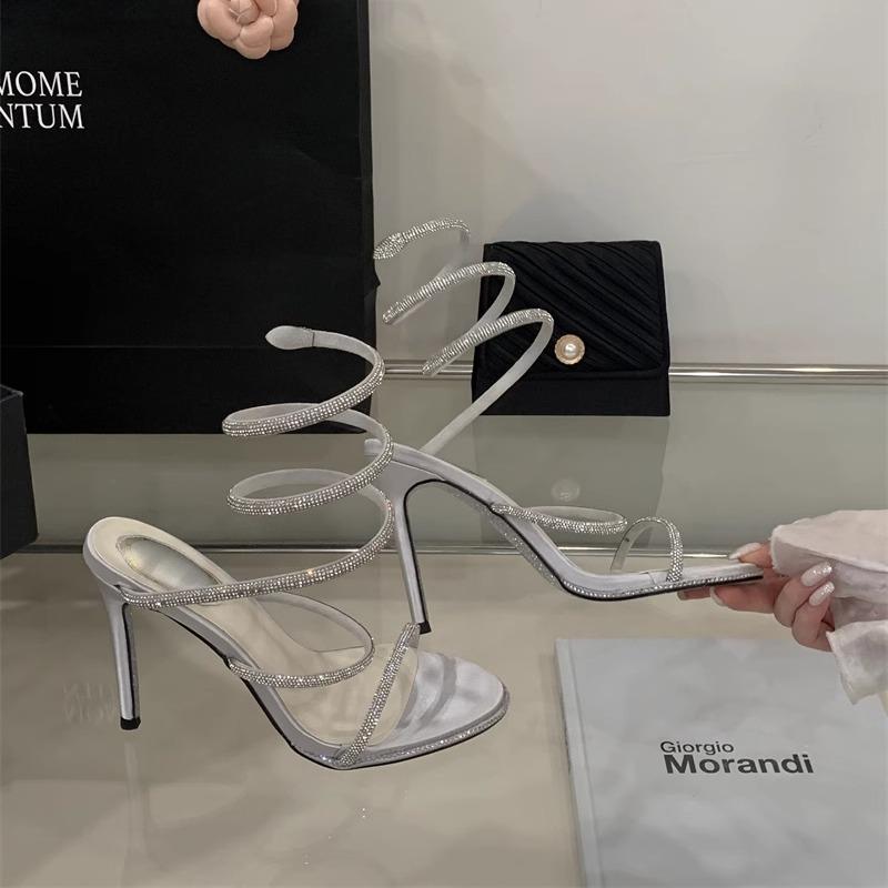 

Fashion Luxurious Crystal Snake Roll Women S Sandals, Stiletto Heels Women S Summer 2026 High Heels Wedding Bride Shoes, Luxury Pump 42 серебряный