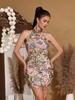 2026 Floral Embroidery Backless Halter Neck Mini Dress