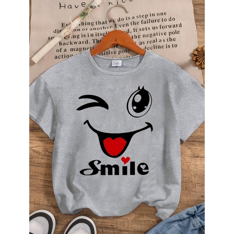 Wink Smile Women's Tee - Cute Emoji Graphic, Playful Happy Print for Casual Daily Wear
