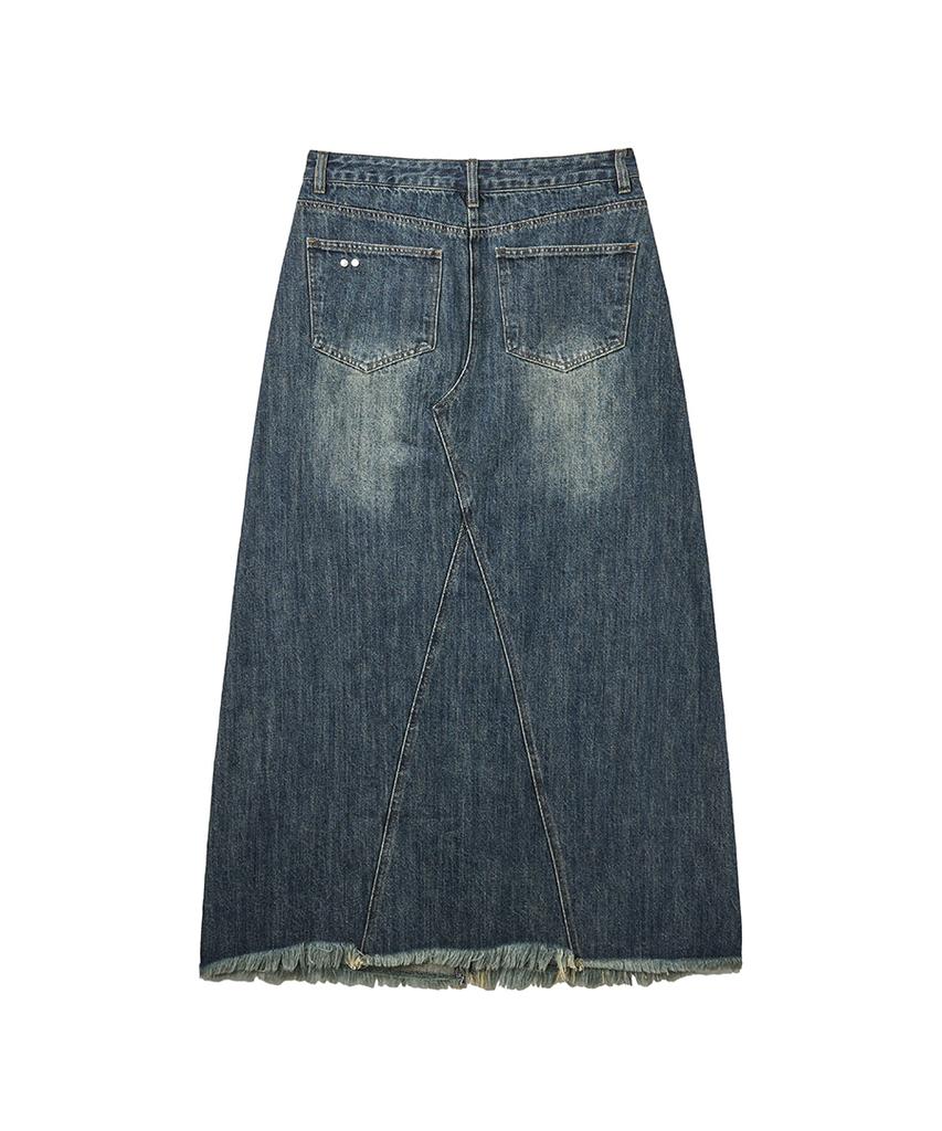 Lense Cutting Denim Long Skirt Blue