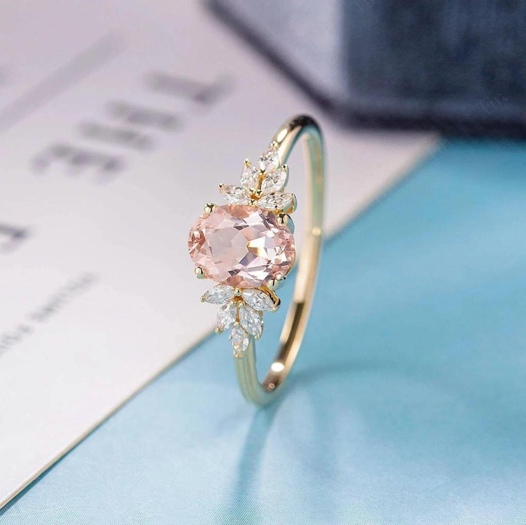 Vintage Oval Morganite Ring: 925 Sterling Silver Cubic Zirconia Promise Ring: Art Deco Cluster Bridal Jewelry Gift for her