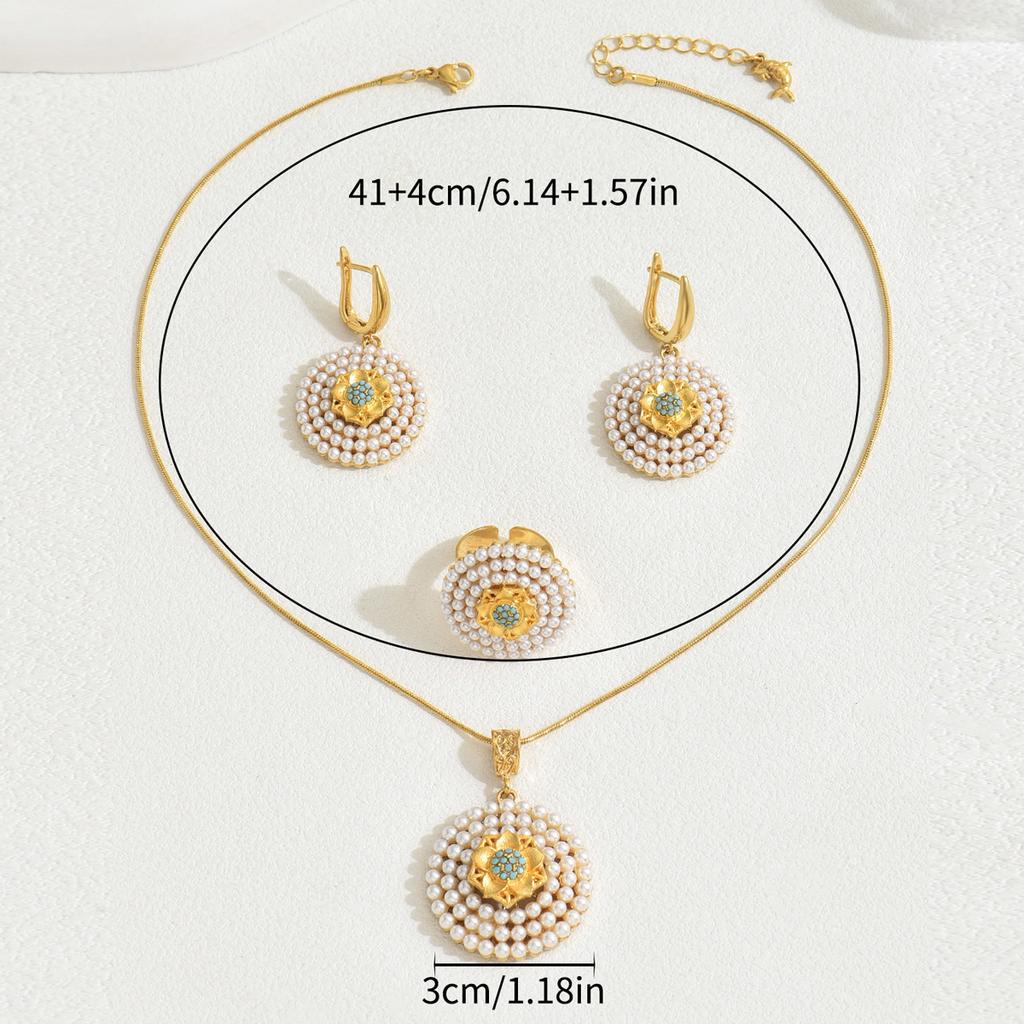 Simple geometric style jewelry set versatile inlaid pearl necklace ring design versatile earrings women