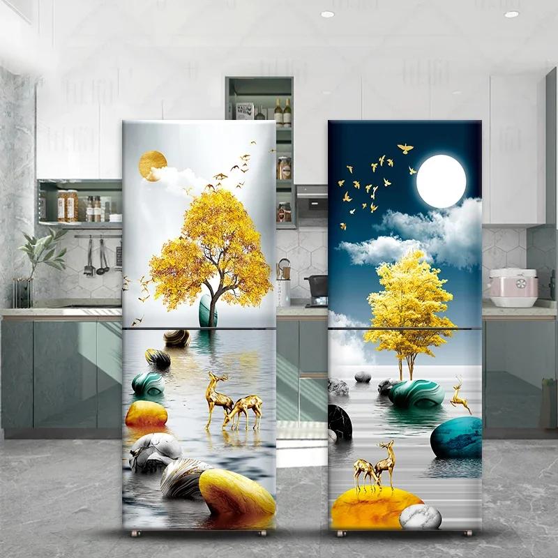 Chinese Style Refrigerator Door Sticker Self Adhesive Waterproof 3D Wallpaper Fridge Door Wrap Mural Cover Home Kitchen Decor