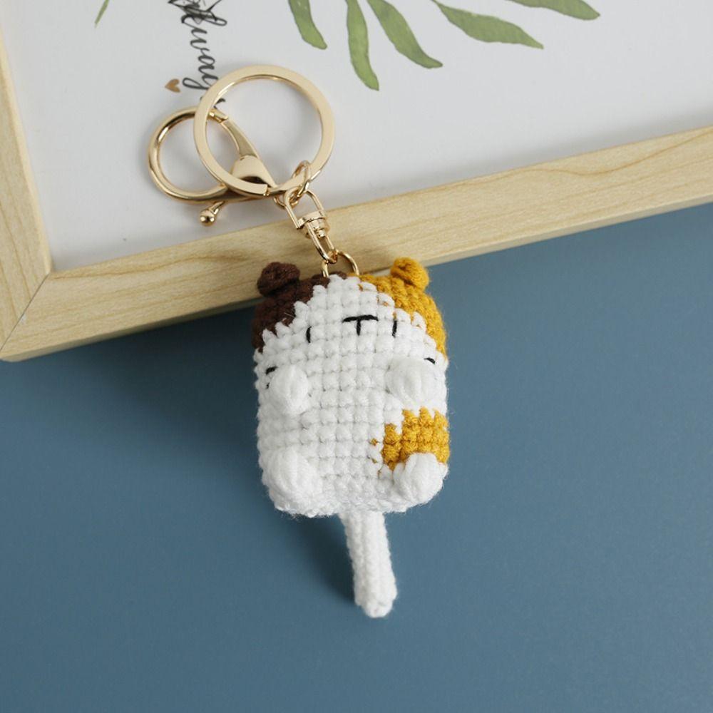 Hand-woven Cute Cat Keyring Crochet Cute Animal Pendant Lovely Exposing Belly Cat Keychain  Gifts