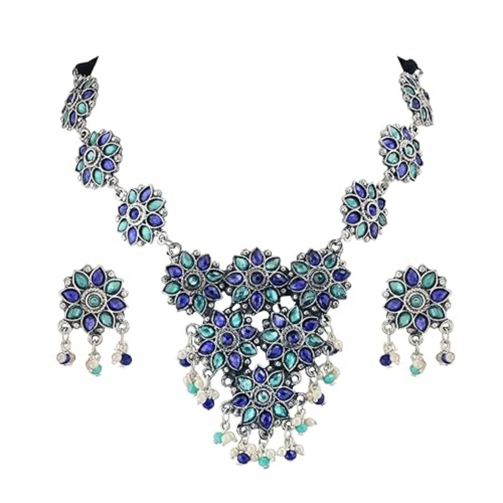 Conjunto de collar y pendientes de piedra tradicional de plata alemana  oxidada para mujer