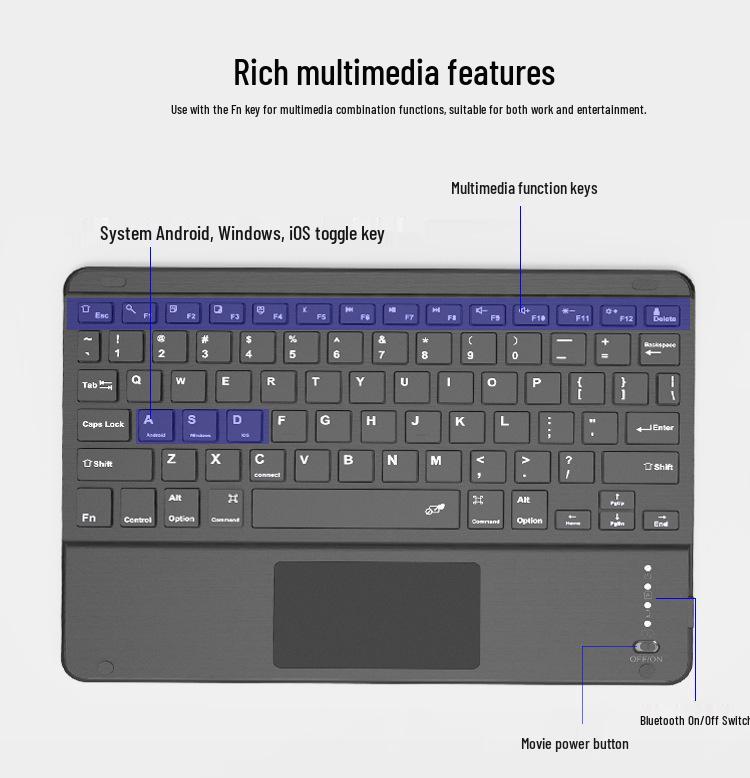 Wireless Bluetooth Keyboard with Touchpad for Tablets & Smartphones, Compatible with iPad