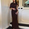 Women Brown Asymmetric Shoulder Bodycon Maxi Dress