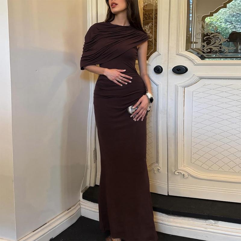 Women Brown Asymmetric Shoulder Bodycon Maxi Dress