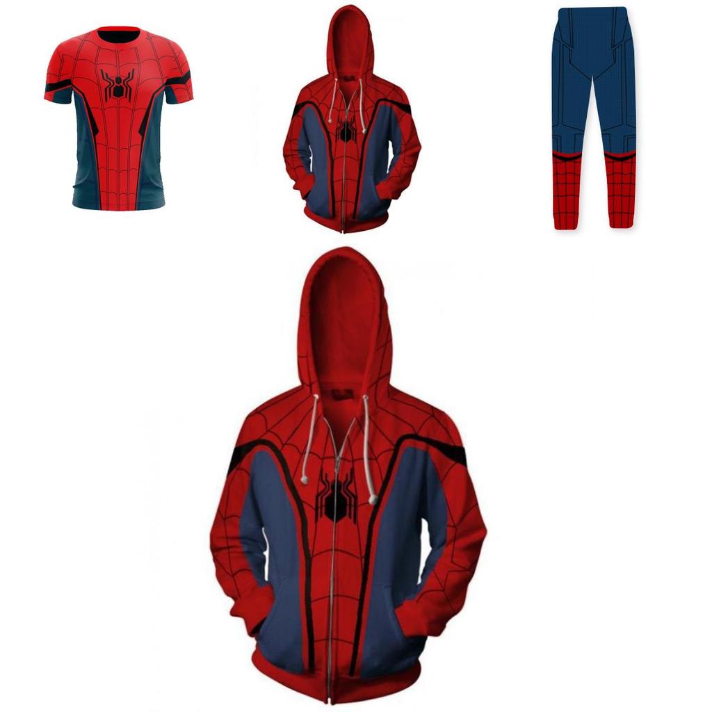 Spiderman Zip Hoodie Jacket T-shirt Trousers Set Hip Hop Marvel Cosplay Costume