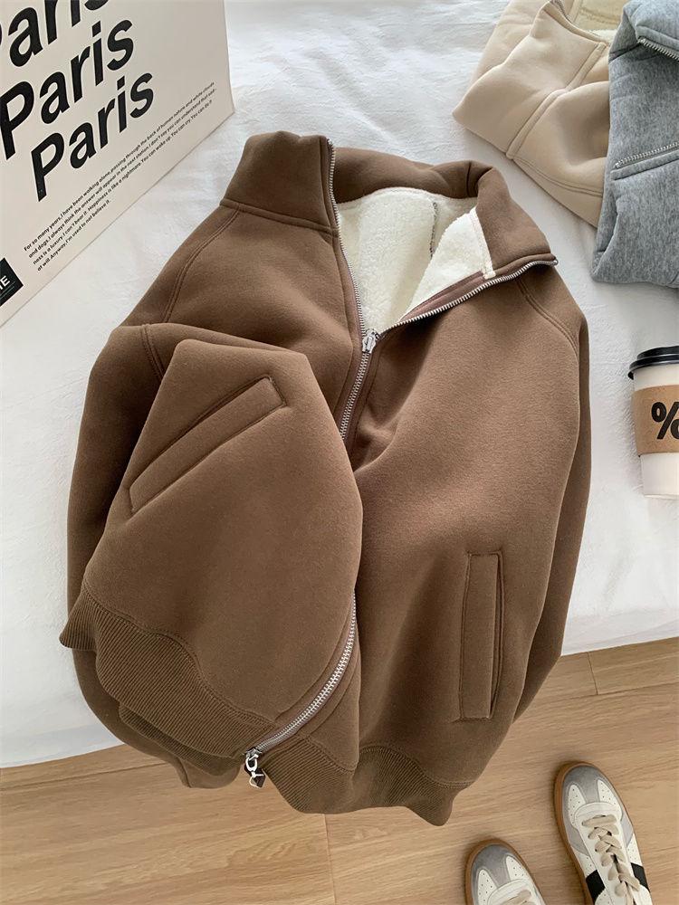 Warm Lamb Wool-Style Zipper Jacket: Autumn/Winter Casual Stand-Up Collar Sweatshirt