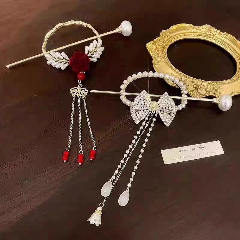 Vintage Rose Pearl Tassel Bow Hair Hairpin Chinese High-end Rhinestone Hair Accessory Women's Fashion Jewelry Headwear Wholesale