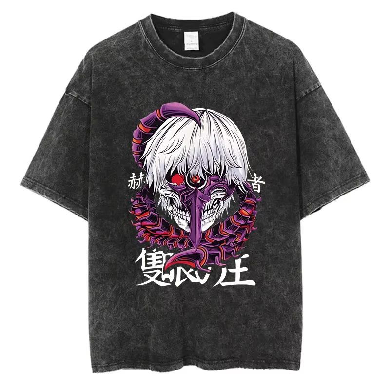 2026 New Summer Oversized Tokyo Ghoul Washed T-Shirt, Vintage Distressed Anime Streetwear, Graphic Top for Men Women
