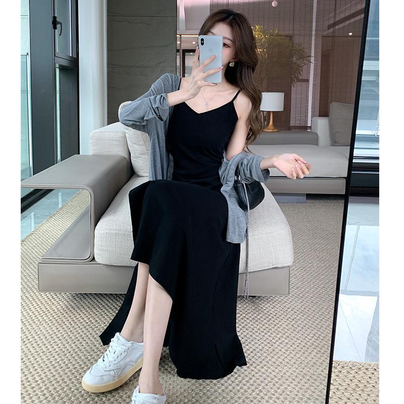 2025 Spring/Summer French Black Spaghetti Strap Slit Dress & Sun Protection Cardigan Set