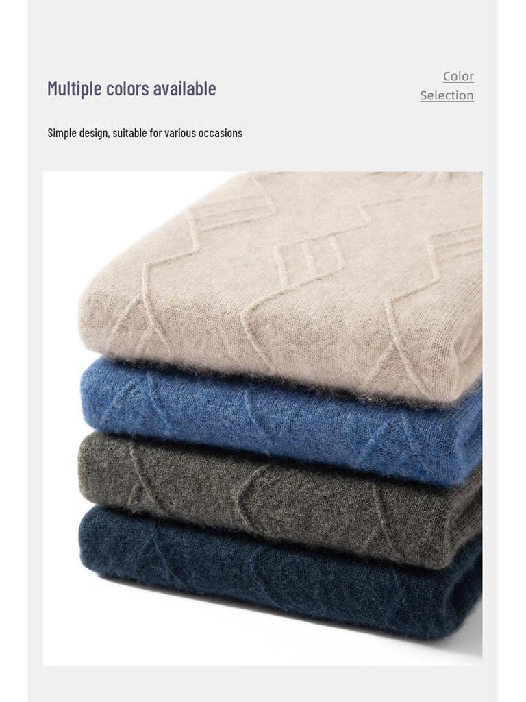 Men's Cashmere Diamond Pattern Round Neck Loose Knit Sweater, Long Sleeve Pullover for Autumn & Winter.