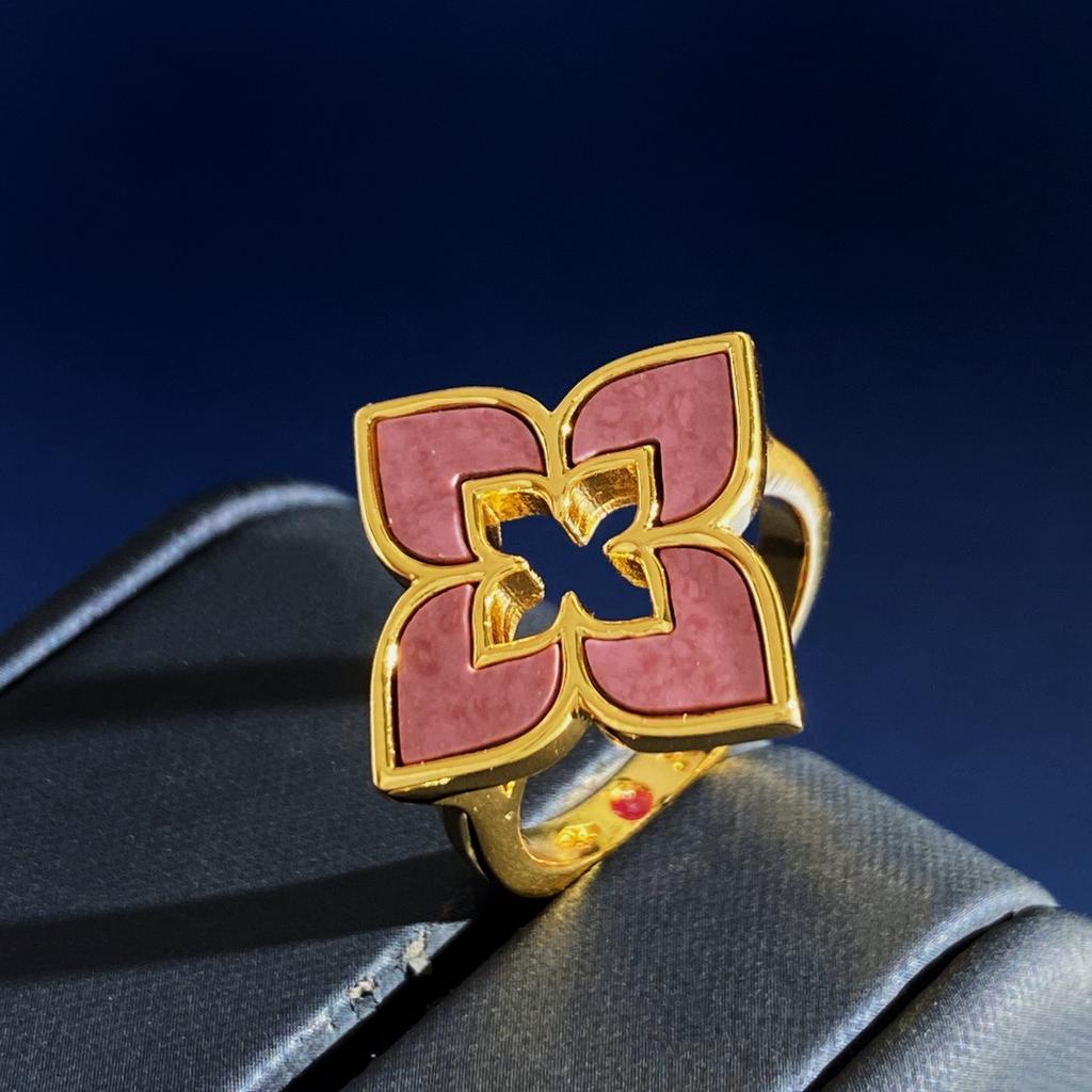] Multi-colored Four-leaf Clover Hollow Ring, Four-petal Flower Diamond Ring, Gold-plated Process, Advanced Texture