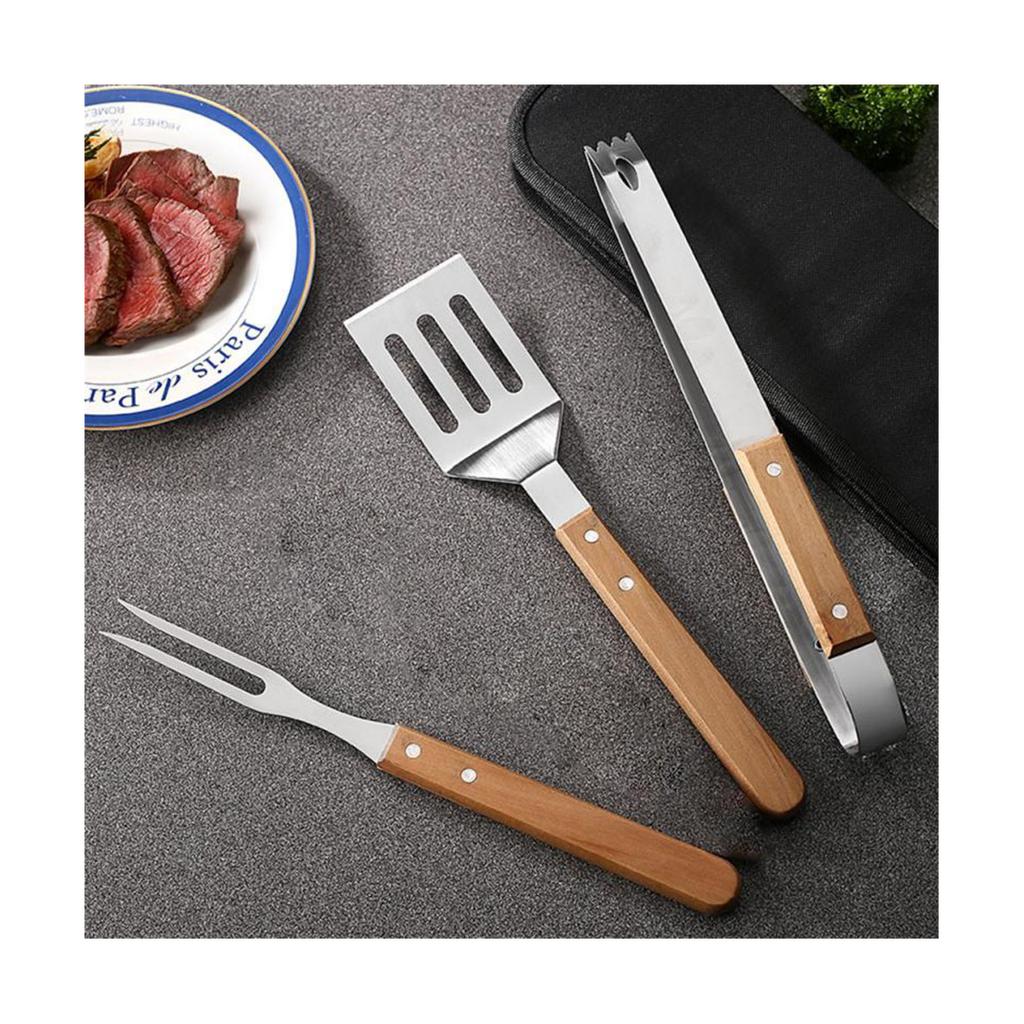 Wooden Handle Shovel Fork Outdoor Barbecue Tools BBQ Barbecue Set Grill Household Barbecue Clip , 3PCS