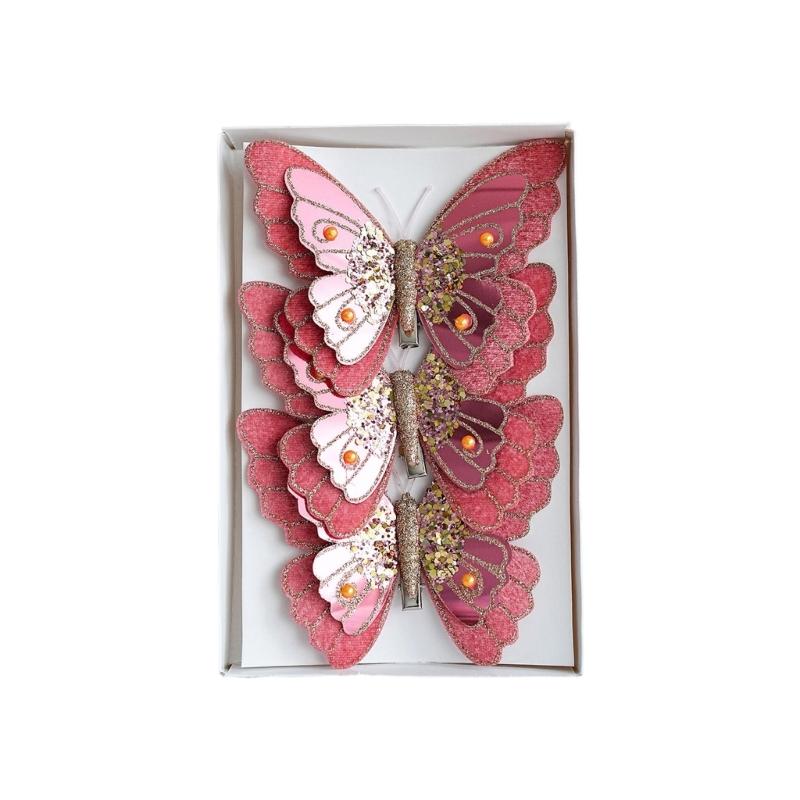 Pack Of 3 Double Layer Butterfly Christmas Tree Clip Accessory Elegant Fabric Ornament For Holiday Decorations