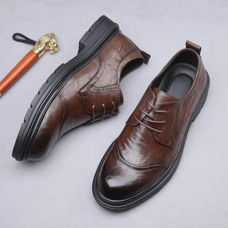 Men's Genuine Leather Business Formal Derby Shoes, Breathable Round Toe Lace-Up for Wedding & Casual Wear.