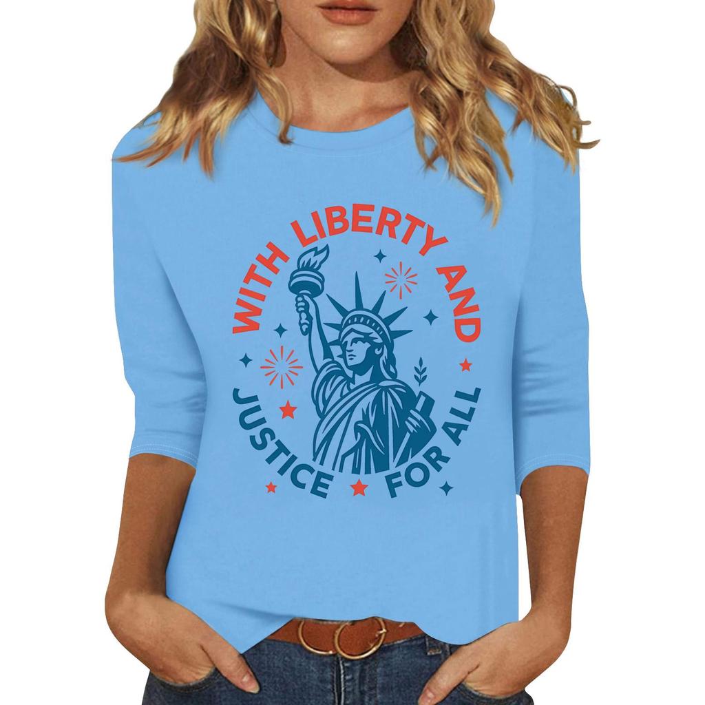 Women's Fashionable Casual Three-Quarter Sleeve 250th Anniversary Independence Day Print Neck Sweater