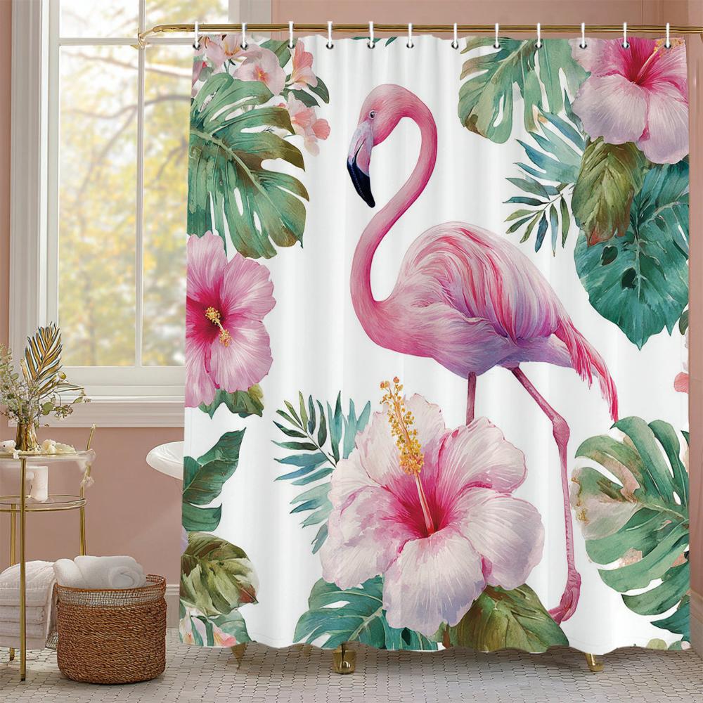 Flamingo Shower Curtain, Floral Botanical Tropical Plant Art Deco Bathroom Decorative Shower Curtain, Print Curtain with Hooks
