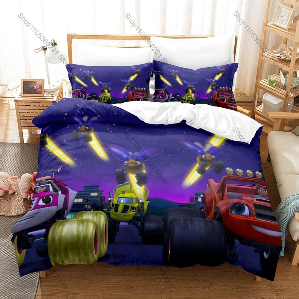 Blaze Monster Machines Theme Bedding Set 3 Pieces Kawaii Truck Print Quilt Cover Set Twin Full Queen King Size with Pillowcases