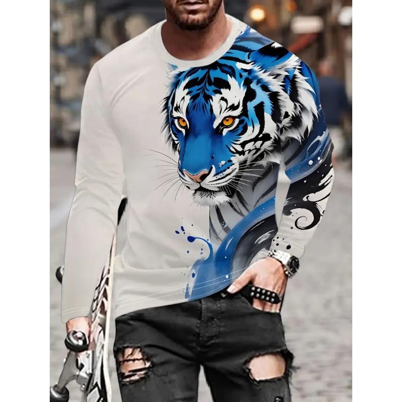 Vintage T-Shirt Animal Print Long Sleeve Tee Hunting Round Neck Shirt Fashion Spring Autumn Pullover Top Casual T Shirts for Man