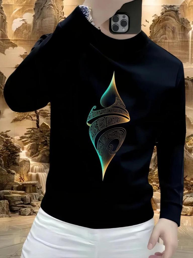 New Men's Printed Velvet Hoodie - Casual Versatile Long Sleeve Round Neck Top for Autumn/Winter Fashion