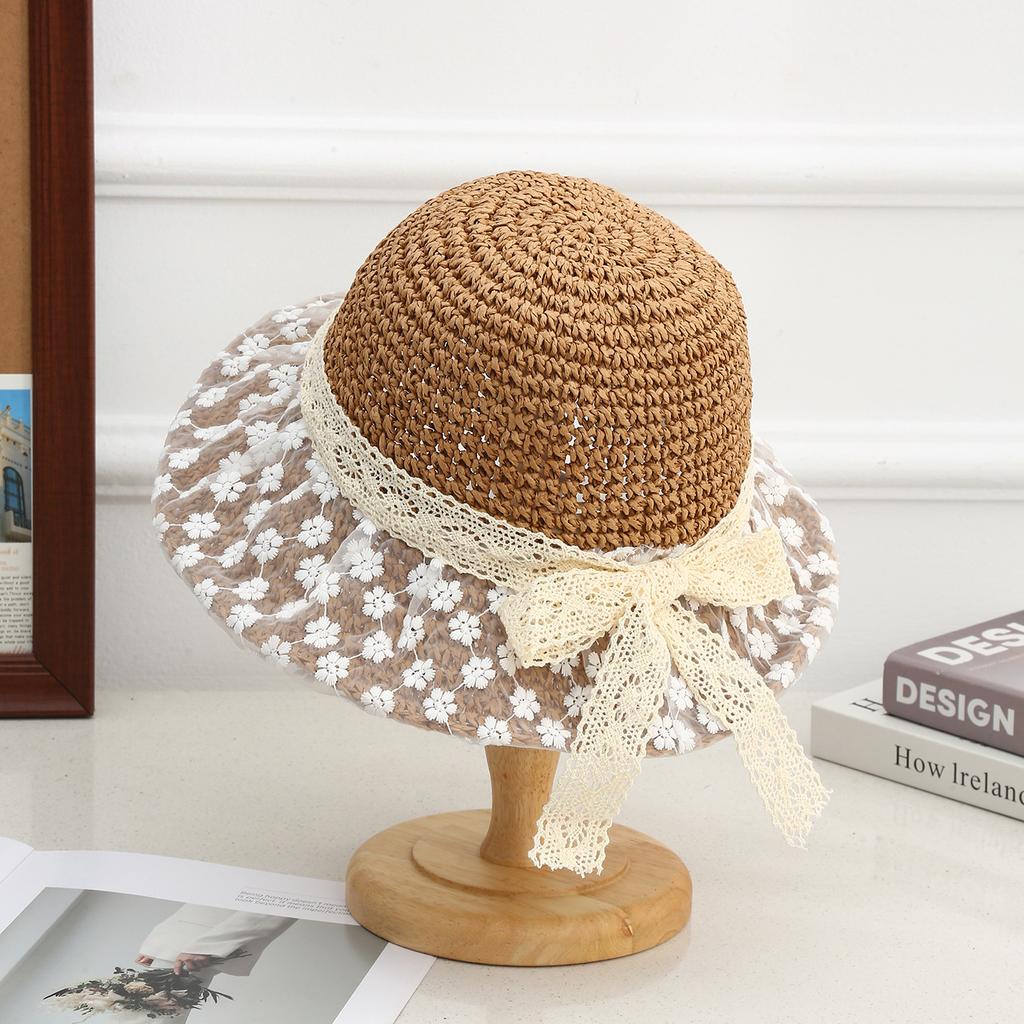 Fashion Straw Hat Mesh Bow Ribbon Sun Hat Outdoor Vacation Sun Hat Women