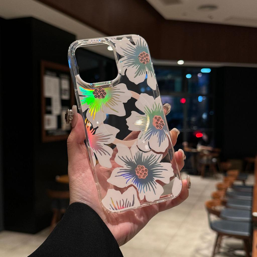 Magnetic Phone Case for IPhone17 with Colorful Laser Flowers and Transparent Anti Drop Protective Case for Apple 16ProMax