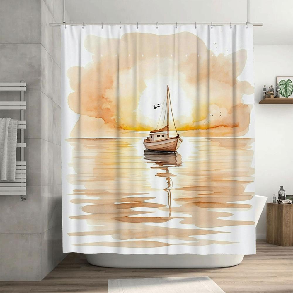 Watercolor Sailboat Shower Curtain Soft Pastel Yellow Beige Bath Decor for Home Bathroom Custom Size Available (84x72 inches)