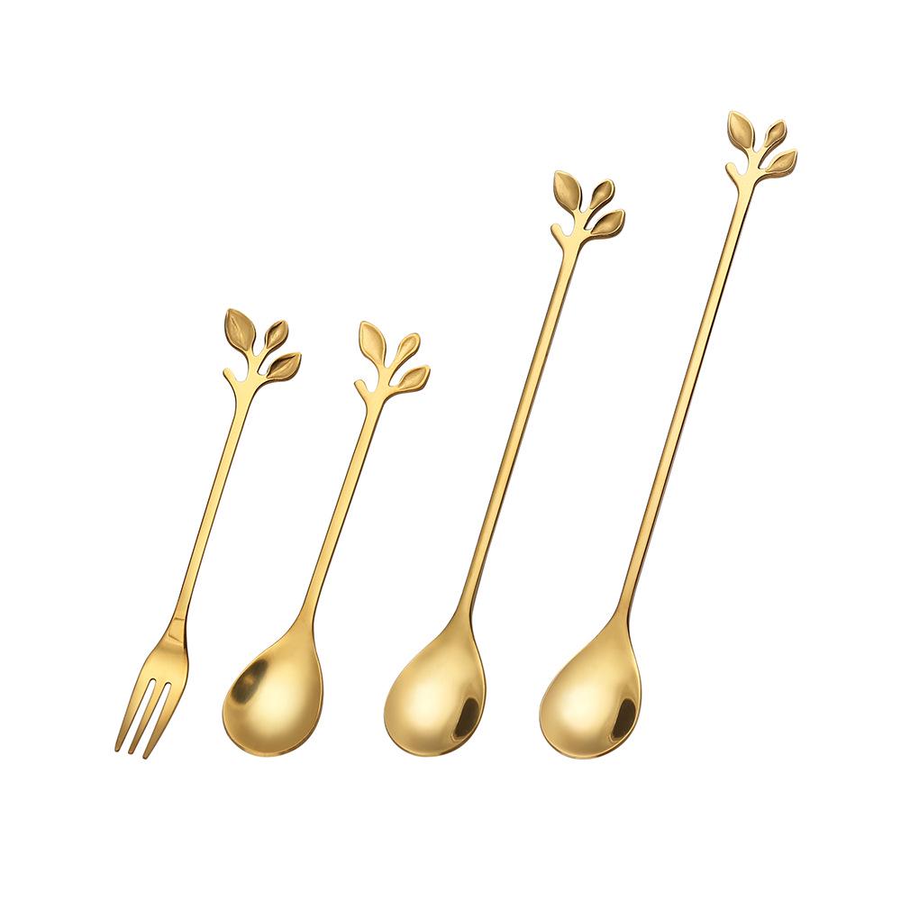 Set di Cucchiaio e Forchetta a Foglia in Acciaio Inossidabile - Miele, Mescolino, Cucchiaino da Caffè - Sacchetto Regalo per Matrimoni