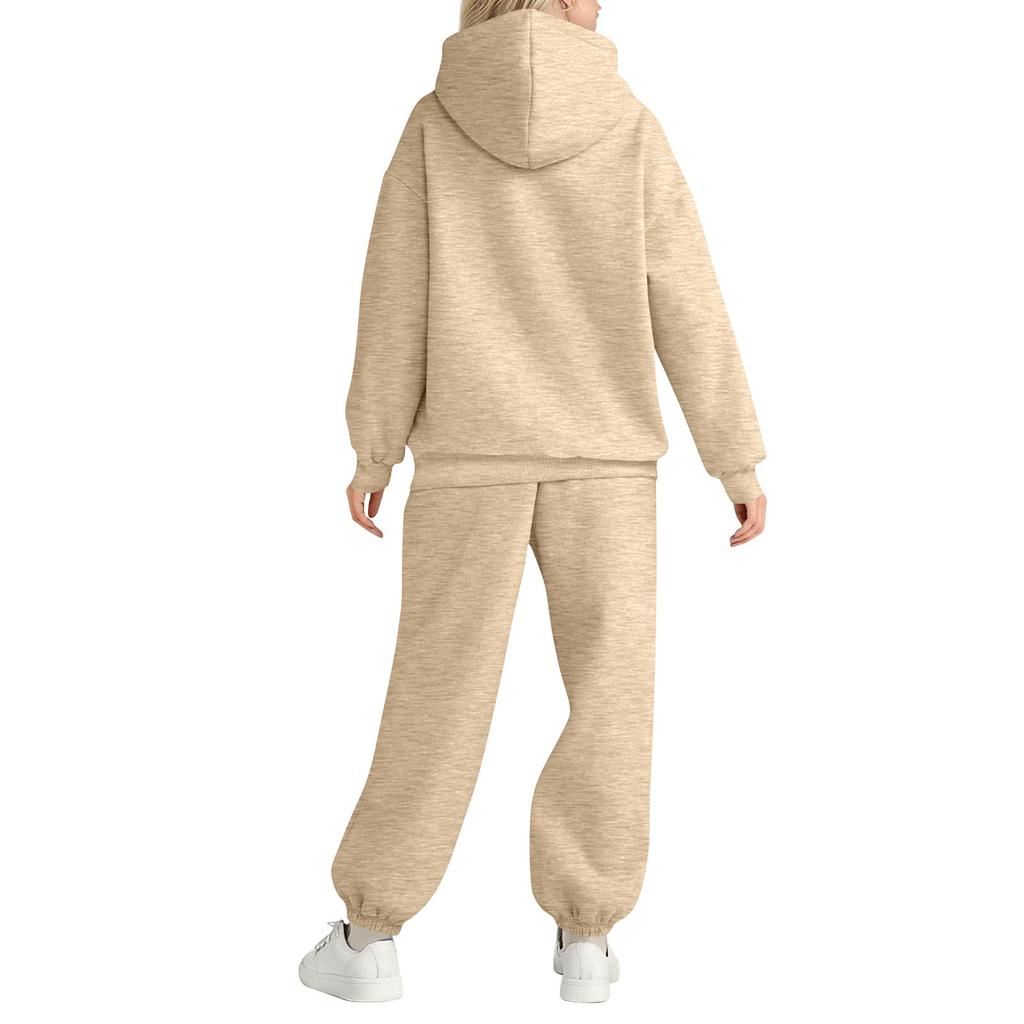 Women's Fashion Two-piece Solid Color Hooded Sweatshirt Trousers Casual Set