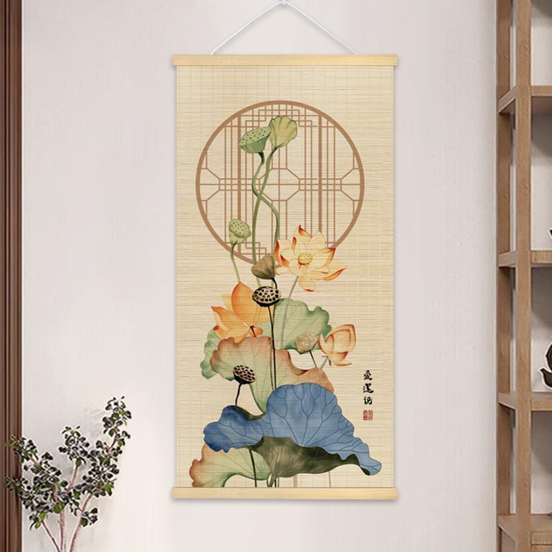 Chinese Style Bamboo Hanging Painting Curtain Roller Lotus Flower Study Zen Tea Background Room Decor 40x80cm/40x100cm