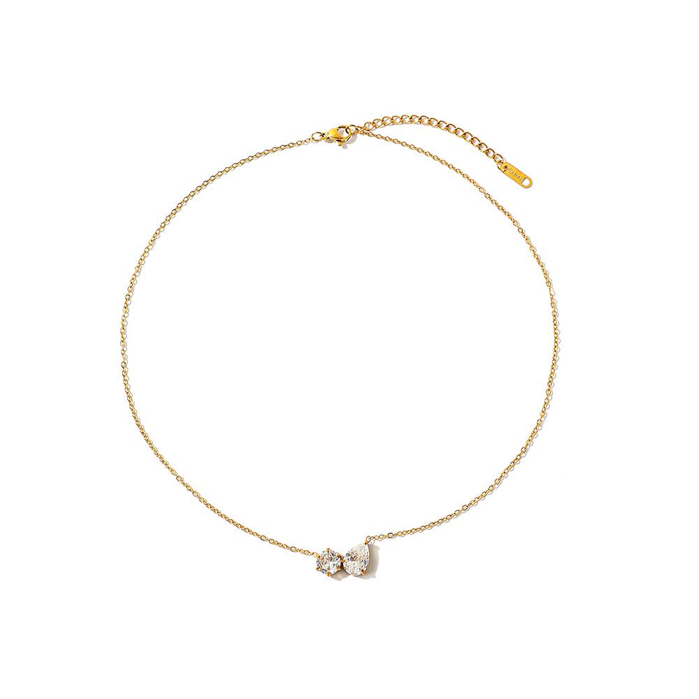 18K Gold-Plated Stainless Steel Necklace with Zircon Pendant - Simple, Fashionable, Waterproof Design for Women