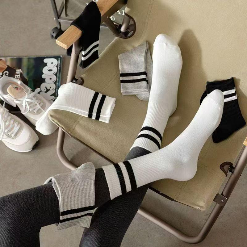 Women's Shark Pattern Mid-Calf Sports Socks with Double Stripes - Black, White, Gray