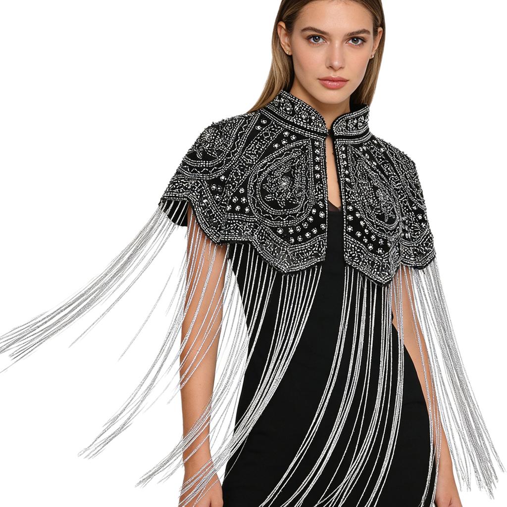 Women 20s Flapper Long Fringed Shawl Sequin Beaded Tassel Evening Cape Wrap for Wedding Reception Special Events