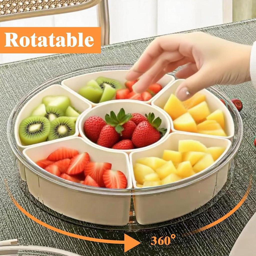 Divided Rotating Serving Tray with Lid and Handle Portable Snackle Box for Fruits Snacks Veggie Charcuterie Clear Snack Spinne