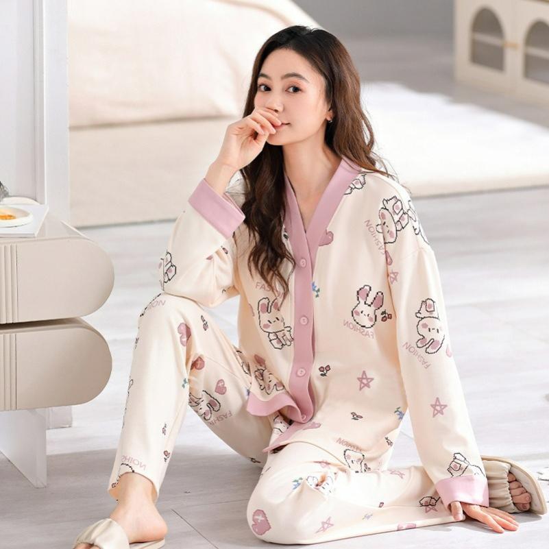 Pajamas Women's Cardigan Spring and Autumn Models Autumn Long-sleeved Cute Girl Models Ins Home Service