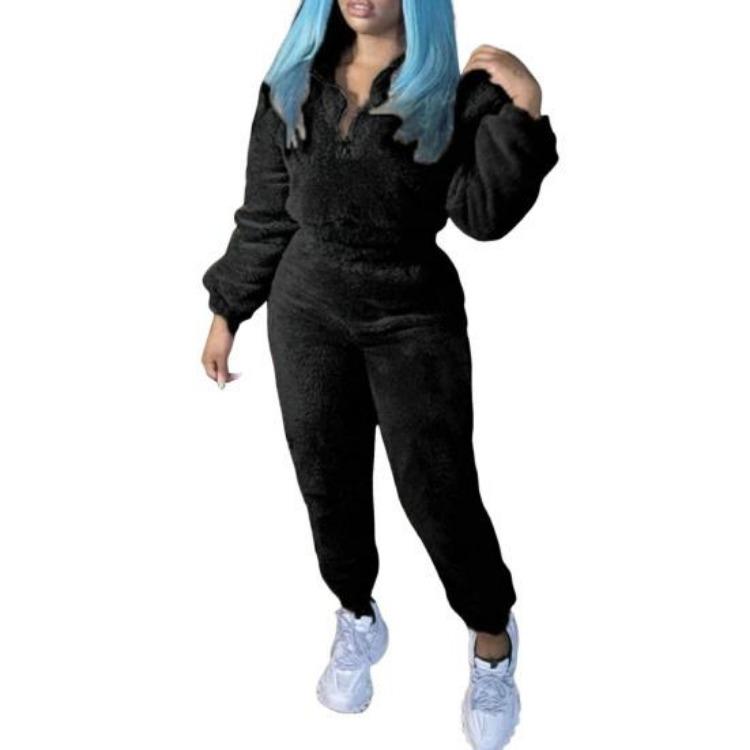 Set Trening Plușat Culoare Solidă pentru Femei 2 Bucăți Top cu Mânecă Lungă și Guler Ridicat și Pantaloni Groși cu Talie Elastică Îmbrăcăminte Sport