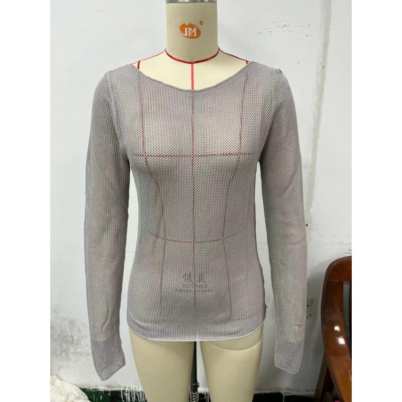 Women's Sexy Round-neck Mesh Sheer Long-sleeved Beach Top T-shirt