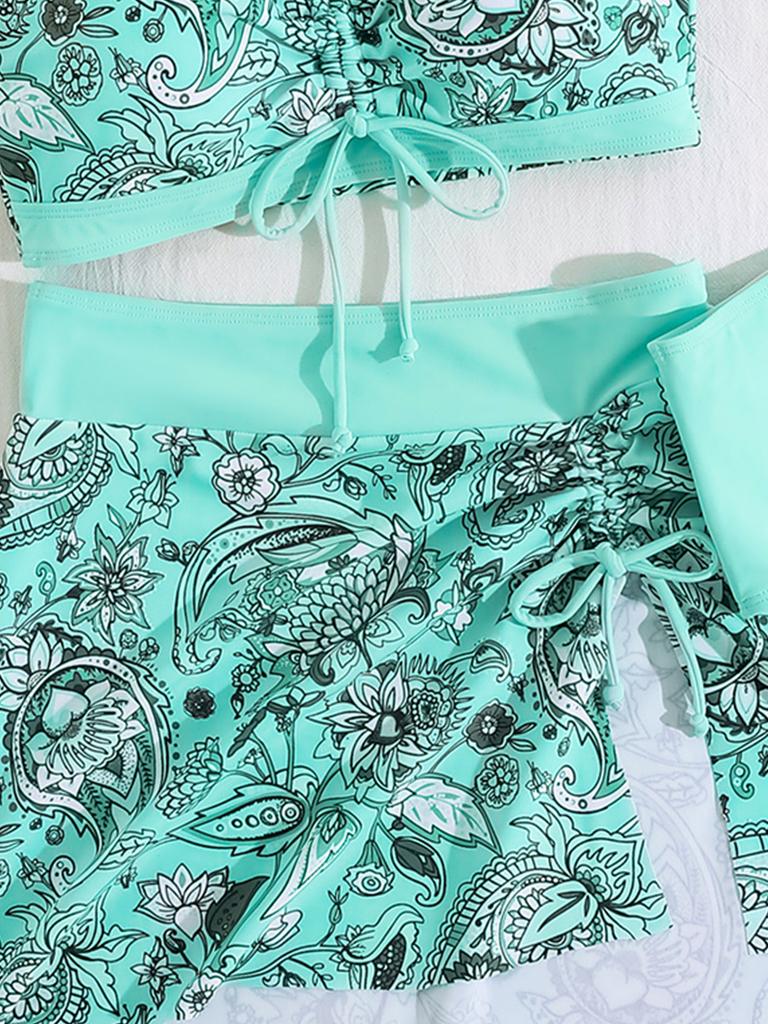 Bikini Due Pezzi Stampa Coulisse Vita Alta Taglie Forti Set Tre Pezzi Elegante