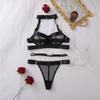 Exotic Metal Buckle Decor Sexy Mesh Lingerie Set See Through Multi Straps Halter Push up Bra Panty Belt 3 Pieces Underwear