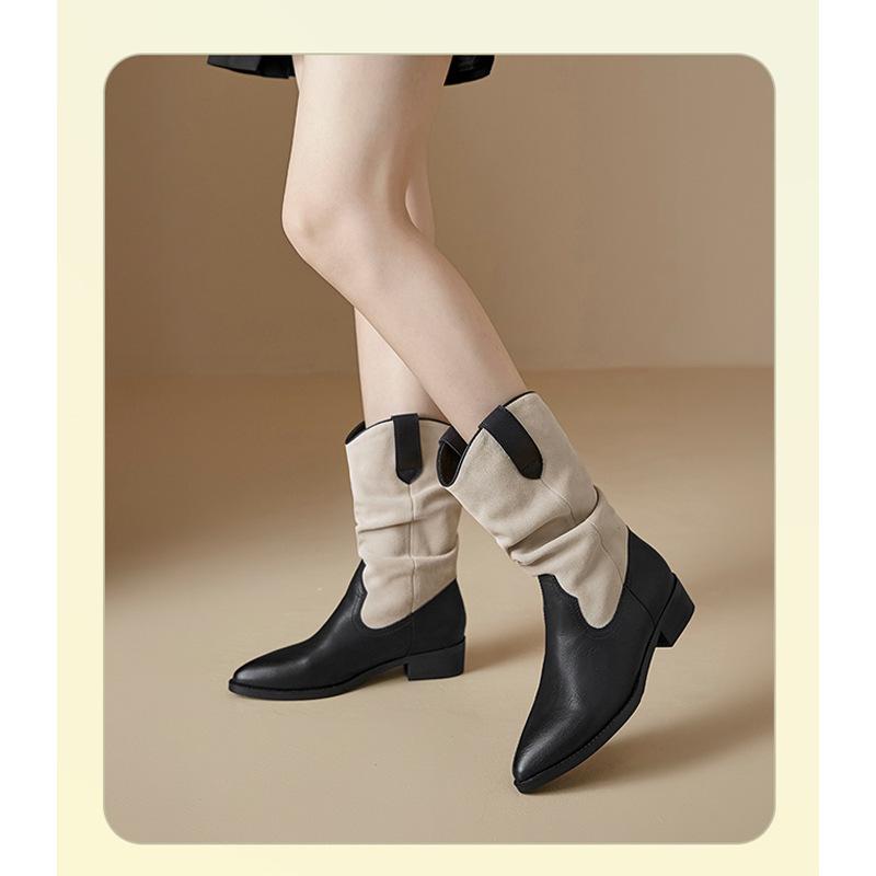 Cowhide Version~ Genuine Leather V-mouth Pointed French Small Short Boots Women's Spring and Autumn Single Boots Retro Western Cowboy Boots Marti