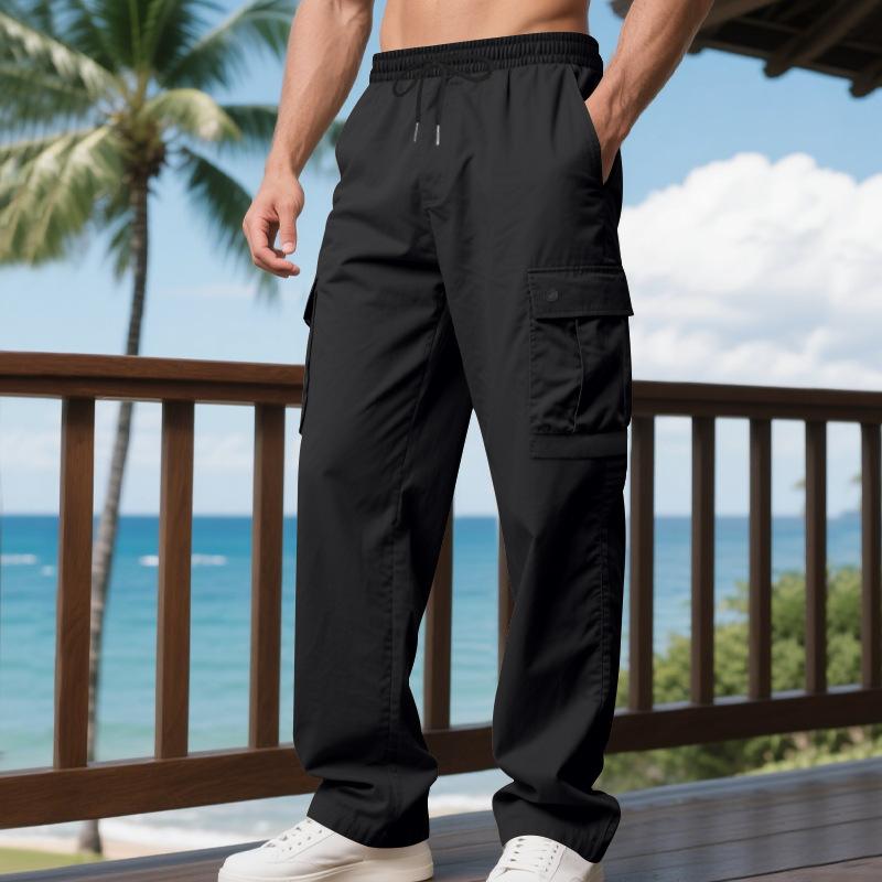 Men Winter Spring Cargo Pants with Multi Pockets Elastic Waist Straight Loose Street Style Sport Trousers