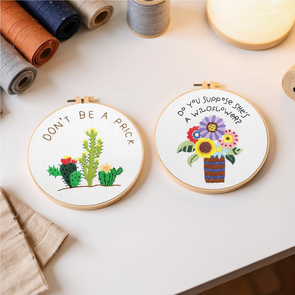 3er Pack Blumenpflanze DIY Stickstich-Übungsset mit Stickrahmen 30x30cm für Anfänger Erwachsene Handwerksliebhaber Geschenk