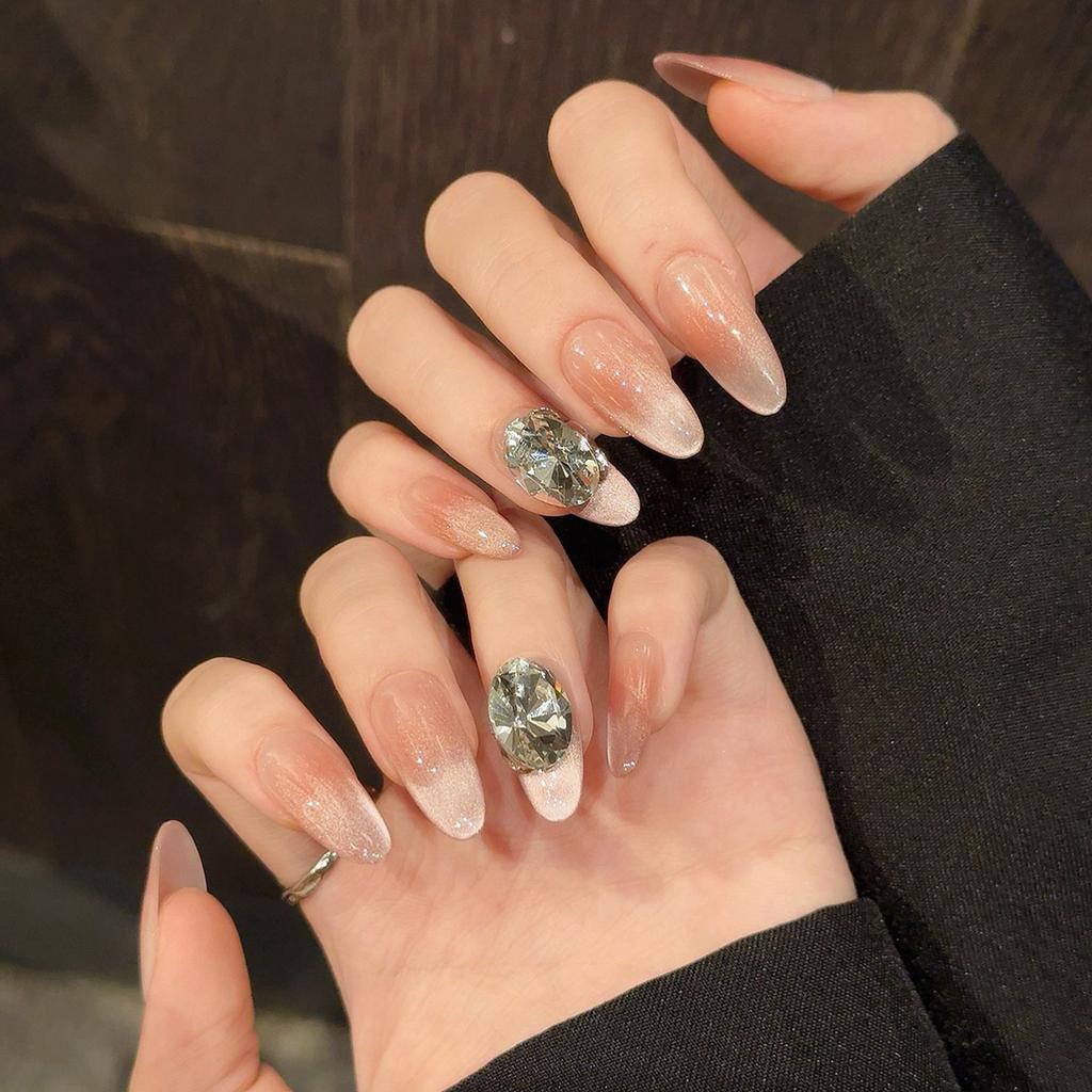 12Pcs Oval Cat Eye Blush Gradient Handmade False Nails for Women