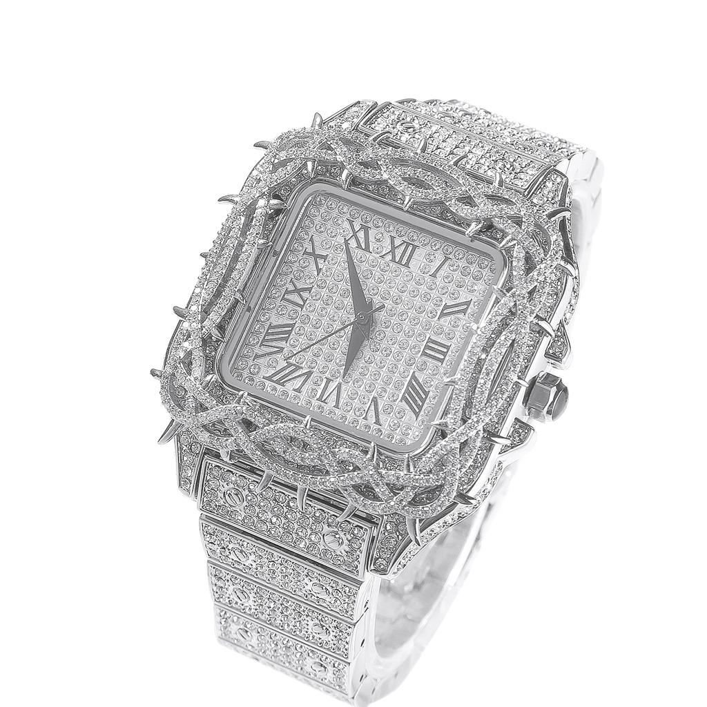 THE BLING KING Hip Hop Rapper Iced Out Thorn Encrusted Square Watch Men Full Rhinestone Square Roman Dial Quartz Wristwatch